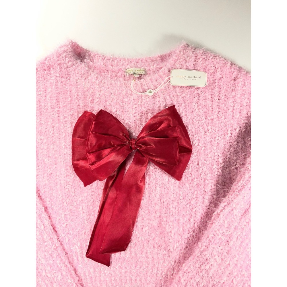 Simply Southern Aurora Pink Fuzzy Knit Sweater Red Bow Cropped XL NEW - Picture 3 of 8